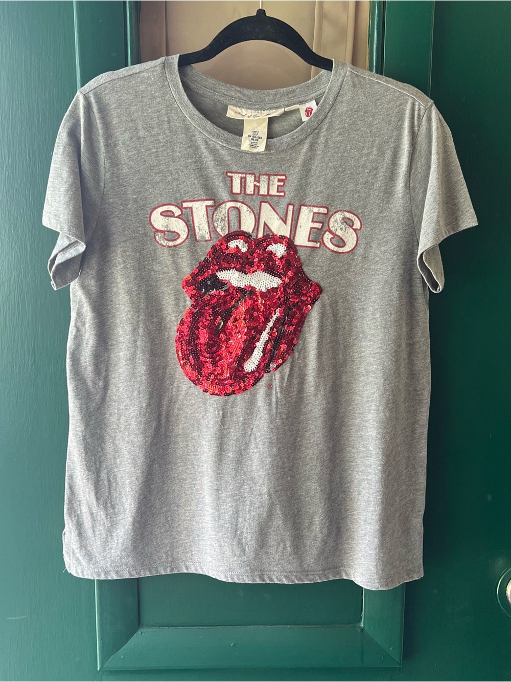 the Rolling Stones Gray Short Sleeve Tee with Red Sequin Tongue